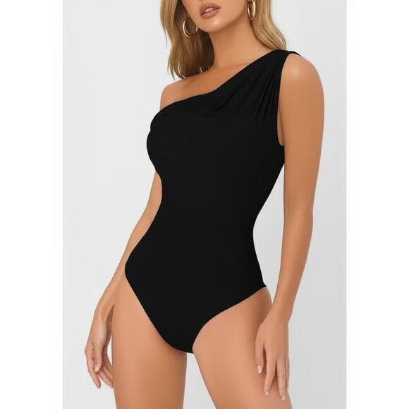 Camila Coelho Bodysuit Womens SMALL Black Draped Off Shoulder Elegant Chic NEW